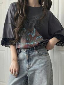 Camiseta de manga corta para mujer con ajuste holgado, estampado de letras, parches de encaje, de mezcla de algodón transpirable, versátil para primavera/verano - Gris 7 - Ver 4