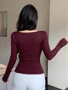 Camiseta básica de manga larga con cuello en V, nudo y ajuste ceñido para mujer, tops de otoño - Burdeos - Ver 3