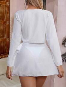 Swim Vcay Set de vestido cruzado informal de 2 piezas y cubrecostillo para playa de verano para mujer - Blanco - Ver 2
