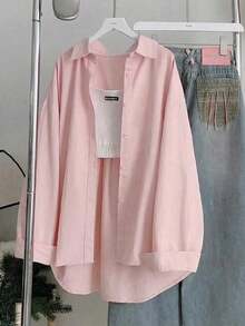 Camisa casual de mujer con aplicación de unicolor - Rosa - Ver 2