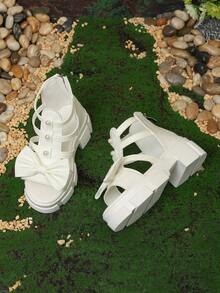 1 Pair Teenage Girls' White Thick-Sole Roman Style Princess Sandals, Solid Color Soft PU Woven + Shiny Pearl Bow Decor, Round Toe Open Toe Chunky Heel Comfortable Soft Bottom Non-Slip Rear Zipper Design, Fashion Sweet Princess Style Wedge Sandals, Suitable For Daily, School, Outing, Travel, Spring/Summer New Arrival - White - View 5
