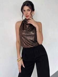 Blusa de satén dorado con cuello de tortuga y espalda de halter, elegante y casual para ir al trabajo/Look de Año Nuevo/Blusa sexy/Blusa brillante/Blusa para fiesta/Blusa de estilo "Old Money"/Blusa dorada - Marrón - Ver 8