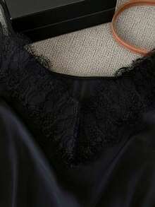 Blusa sin mangas con cuello en V y encaje, elegante para galas de noche, ocasiones formales, vacaciones, salidas nocturnas, invitados de boda, adecuada para primavera, verano y otoño, estilo de camisola con tirantes finos - Negro - Ver 5