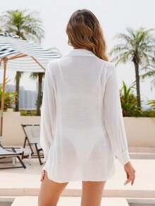 Camisa de mujer de manga larga con botones frontales, de color liso, como prenda casual de verano - Blanco - Ver 2
