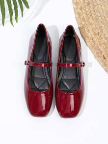 French Square Toe Mary Jane Shoes, Versatile - Burgundy - View 3
