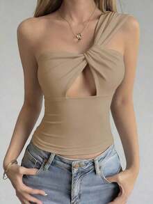 Camiseta sin mangas ajustada con tiras cruzadas huecas, estilo sexy y casual para mujer, Y2K - Caqui - Ver 2