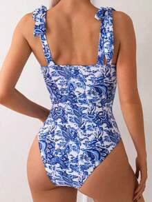 Swim Basics 1 pieza Traje de baño de una sola pieza con estampado sólido y floral y tirantes de espagueti anudados para mujer - Multicolor 2 - Ver 2