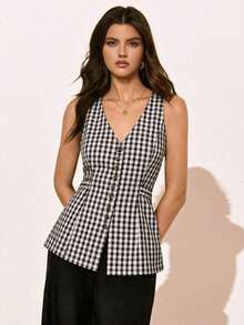 Camiseta sin mangas ajustada de mujer con cuello en V y botones delanteros de unicolor - Negro 2 - Ver 3