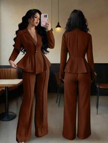 Traje elegante que afina la cintura, pantalones acampanados y estilizadores para uso diario, adecuado para vacaciones, citas, Día de la Independencia, atuendo de maestra - Marrón Mocha - Ver 8