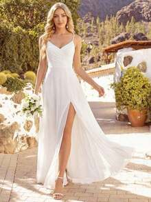 Elegante vestido de noche de unicolor y sexy, vestido de dama de honor con abertura alta y tirantes finos en azul marino, vestido formal para invitados de boda en primavera - Blanco - Ver 7