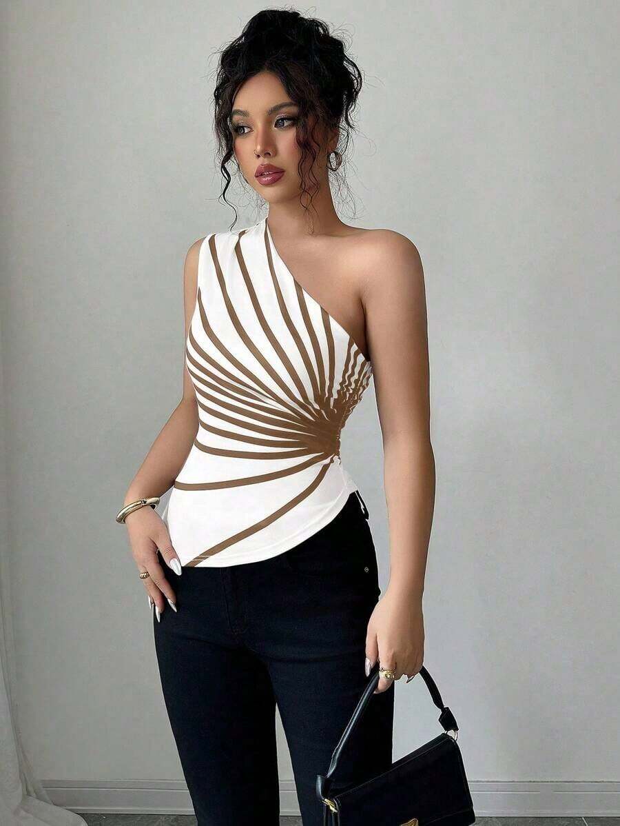 Blusa de punto con estampado de hombro oblicuo elegante para vacaciones de verano para mujer - Caqui - Ver 1