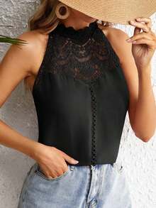 Clasi Blusa con panel de encaje guipur, diseño de escote con abertura en la espalda, sin mangas - Negro - Ver 4