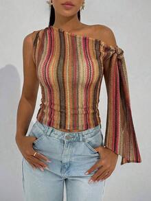 de mujer de estilo elegante y romántico para primavera, con cuello asimétrico, estilo elegante y sexy, adecuado para fiestas, vacaciones, citas románticas y vestidos de boda, con textura de punto y tirantes cruzados en los hombros, en color - Marrón - Ver 6