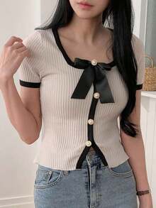 Camiseta casual y elegante de mujer con cuello cuadrado, bloque de color, lazo y manga corta para el verano - Blanco - Ver 5