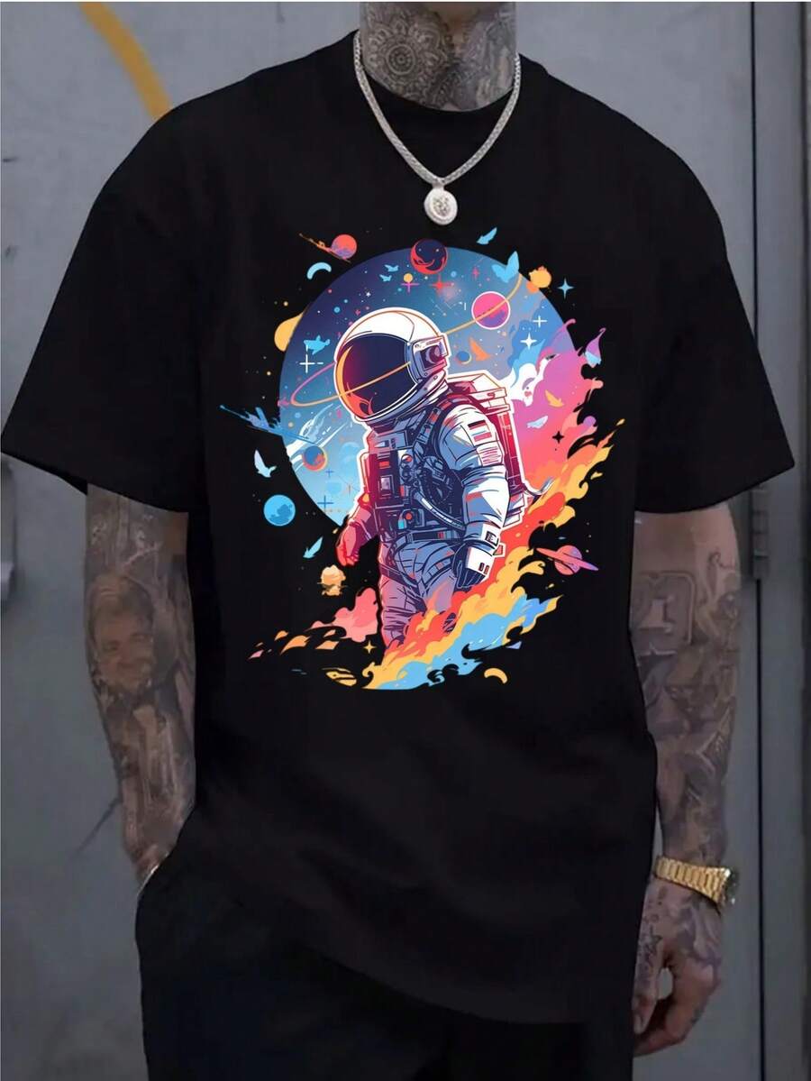 Camiseta de manga corta para hombre, estilo casual deportivo, diseño moderno con estampado 2D, elástica y cómoda, adecuada para deportes, viajes y uso diario casual - corte regular, cuello redondo, tejido de punto, camiseta estampada, camisa de ajuste cómodo, camiseta de manga corta estampada para hombre. - Negro - Ver 1