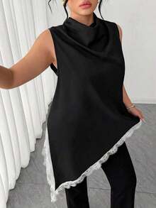 Blusa sin mangas con dobladillo de encaje para mujer de talla grande, elegante blusa larga de estilo vintage, versátil para el trabajo, graduación, vacaciones, San Valentín, festivales de música, Día de la Madre, Halloween, Acción de Gracias, Pascua, Día Nacional, bailes, citas, bodas, salidas, etc. - Blanco y Negro - Ver 4