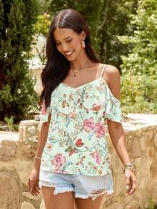 Blusa casual de verano con estampado floral y volantes en el bajo - Verde 3 - Ver 3