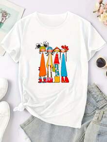 Pure Cotton T-Shirt With Artistic Cartoon Character Print - Stylish And Elegant - Unisex Crew Neck T-Shirt For Casual Sports, Short Sleeves, Available In Various Colors. Plain White T-Shirt. - 白色 - 查看 3