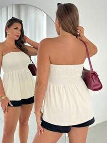 Blusa sin tirantes de rayas negras y blancas, versátil, cómoda y estilizadora, para mujer talla grande, ideal para primavera/verano, vacaciones y salidas, estilo europeo de verano - Albaricoque - Ver 5