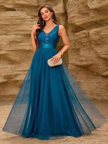 Vestido de dama de honor formal de línea A con escote en V sin mangas, bordado y de malla, vestido de fiesta elegante, vestido de invitado de boda formal, vestido de ceremonia de graduación, vestido de noche de primavera - Agua verde azul - Ver 1