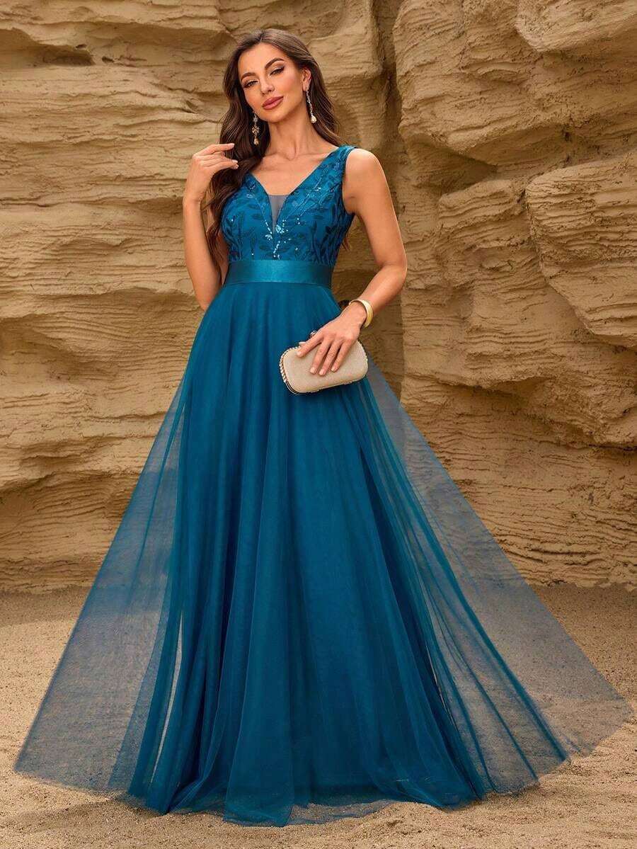 Vestido de dama de honor formal de línea A con escote en V sin mangas, bordado y de malla, vestido de fiesta elegante, vestido de invitado de boda formal, vestido de ceremonia de graduación, vestido de noche de primavera - Agua verde azul - Ver 1