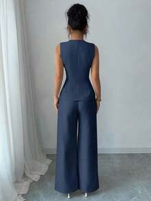 Conjunto de 2 piezas elegante estilo francés con botón con diseño de flor para tiempo libre/commuter para mujer - Azul - Ver 2