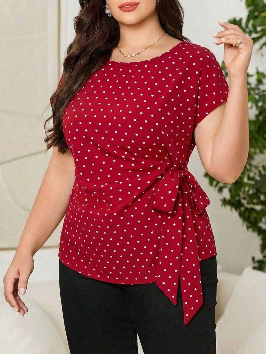 Camisa casual de manga corta con diseño plisado y teñido anudado para mujer de talla grande, adecuada para vacaciones, fiestas y salidas - Rojo - Ver 1