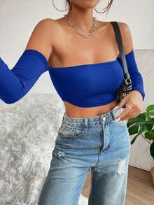 Top corto de hombros descubiertos de color sólido para mujer - azul real - Ver 6