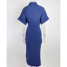 Elegant Women's Spring Shirt Dress, Sensual Print, With Adjustable Ties, Refined Style - 藍色 - 查看 3