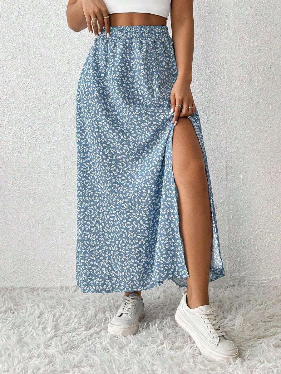 Falda De Verano Para Mujeres Con Estampado Floral Pequeño Y Abertura De Muslo - Azul - Ver 1