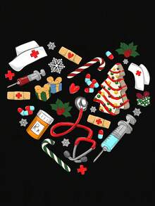 New And Fashionable Women's T-Shirt 2026, Christmas Nurse Print With Special Heart Effect, Round Neck And Short Sleeves, Nurse T-Shirt For The Holidays, Christmas Care. FOHK - 黑色 - 查看 4
