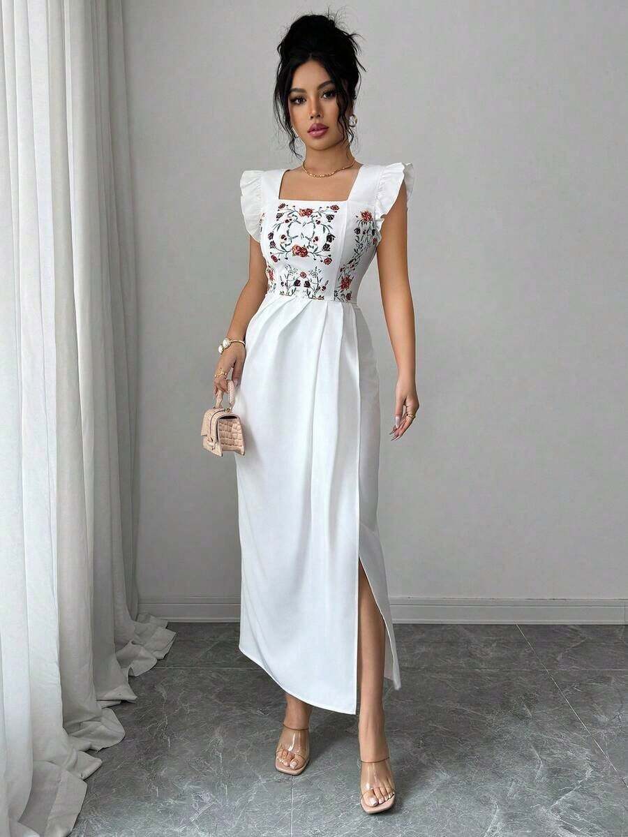 YHHSHEIN Elenzya Vestido casual de vacaciones con cuello cuadrado, mangas cortas, estampado digital frontal, bajo asimétrico y plisado, adecuado para mujeres de 20 a 35+ años para uso diario y reuniones (estampado de colocación)YHH - Blanco - Ver 1