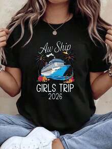 Women's Cotton T-Shirts Aw Ship Its A Girls Trip 2026, Women's Cruise T-Shirt, Tropical Design For Summer Vacation, Gift For Friends, Cruise Party Outfit, Women's Basic Blouses. - 黑色 - 查看 7