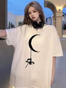 Camiseta de manga corta para mujer, de cuello redondo, holgada, versátil, a la moda y elegante, con estampado de astronauta y luna, para primavera/verano - Blanco - Ver 2