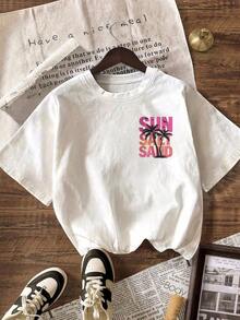 Parte Superior Casual de Mujer Impresa por Ambos Lados, Adecuada para Primavera y Verano, Adoptando un Diseño de Estilo Fresco, Camiseta de Manga Corta de unicolor con Cuello Redondo Impresa con Palmera y Texto "SOL SAL ARENA", Ropa de Vacaciones Blanca - Blanco - Ver 2
