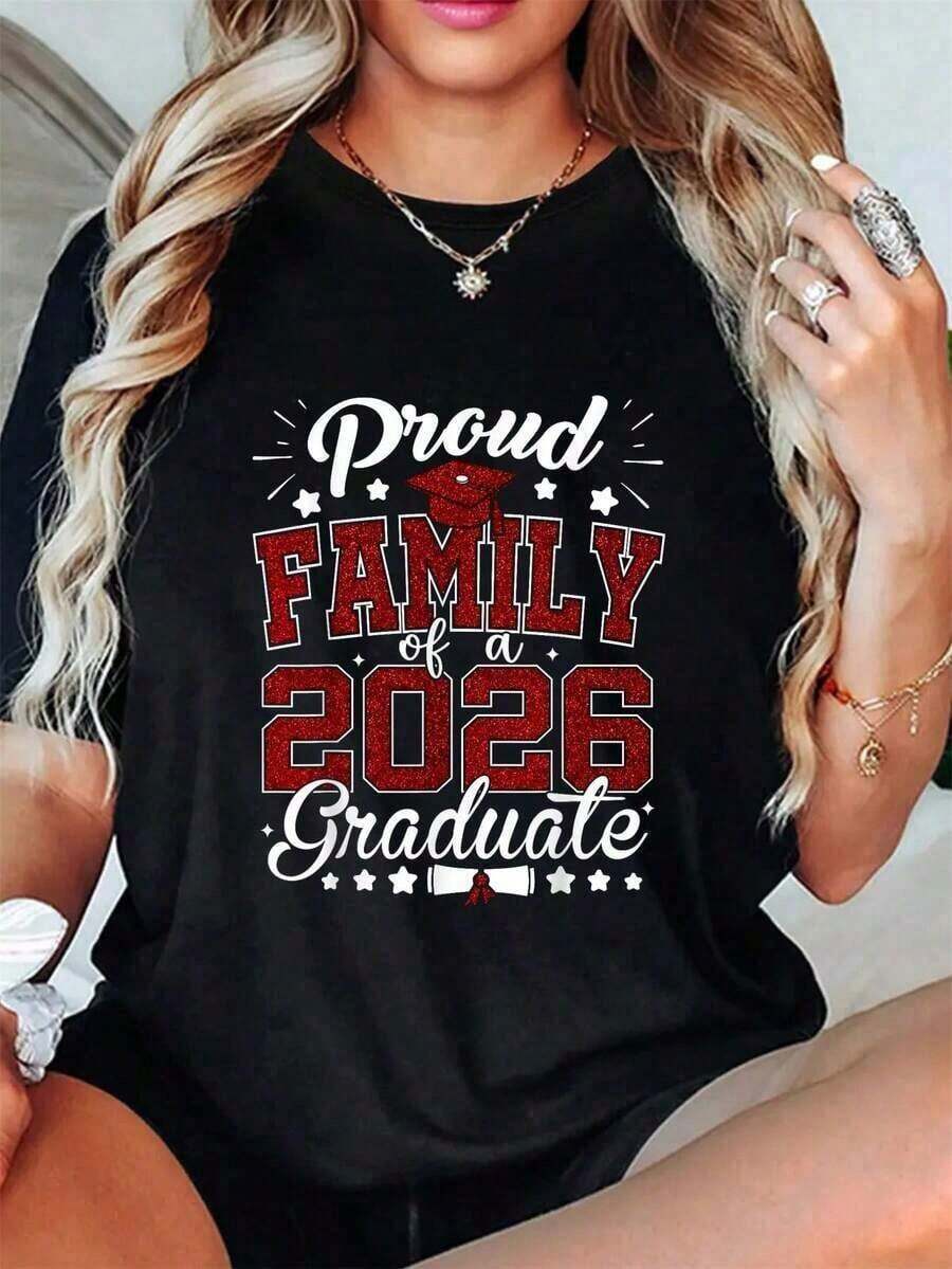 Mexican Graduation Season, Proud Class Of 2026 Family, Graduation T-Shirt 2026, Summer Tops, Casual Short Sleeve Crew Neck T-Shirt For Summer And Spring, Women's Clothing, Fashionable Summer Cotton T-Shirt - 黑色 - 查看 1