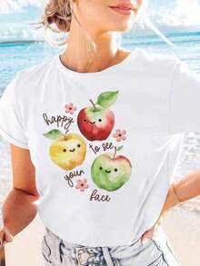 100% Cotton T-Shirt With Positive Graphic Print Of "Happy To See Your Face Apple", Short Sleeve, Round Neck, Casual Style For Summer And Spring, Women's Clothing. - 白色 - 查看 1