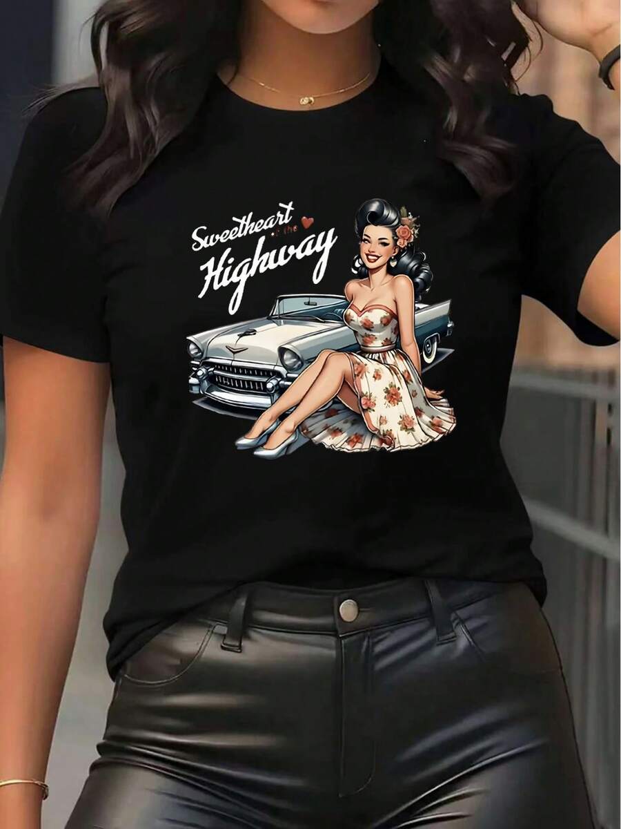 Camiseta Casual de Mujer con Estampado Vintage - Camisa de manga corta de alta calidad a un precio asequible. - Negro - Ver 1