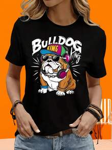 Regalo para Fiesta Navideña: Camiseta de Bulldog King Hip Hop, Camiseta Gráfica de Bulldog Genial con Gafas de Sol y Auriculares para Hombres y Mujeres, Unisex, Moda Casual, Camiseta de Manga Corta para Damas, Negra y Blanca, para Ocio al Aire Libre y en Casa. - Negro - Ver 4
