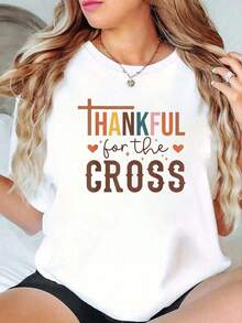 Camiseta Casual 100% Algodón con la Frase "Agradecido Por La Cruz", Camiseta Inspiradora de Fe Cristiana para Mujer, Verano, TopFashion - Blanco - Ver 7