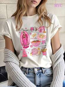 Oversize Extra grande Camiseta de algodón suave para mujeres de talla grande con vibraciones navideñas mexicanas, impresión de la Virgen de Guadalupe, tamales y churros, regalo festivo para ella, moda cultural de invierno 2026, chic acogedor, perfecta para todas las estaciones, tallas S - XXL100% Cotton - Blanco - Ver 1