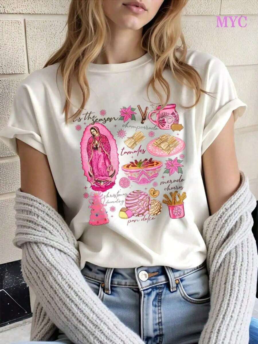 Oversize Extra grande Camiseta de algodón suave para mujeres de talla grande con vibraciones navideñas mexicanas, impresión de la Virgen de Guadalupe, tamales y churros, regalo festivo para ella, moda cultural de invierno 2026, chic acogedor, perfecta para todas las estaciones, tallas S - XXL100% Cotton - Blanco - Ver 1