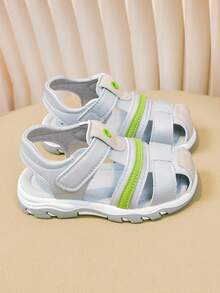 Boys' Hook And Loop Sandals, Summer New Soft Bottom Non-Slip Beach Shoes, Easy On/Off, Silver Gray Solid Color, Floral Woven Strap Decor, More Fashionable - Light Grey - View 4