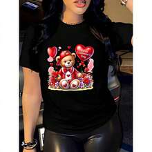 Camiseta de Mujer con Diseño de Oso Lindo para el Día de San Valentín, Estampado Romántico de Oso de Peluche con Corazones y Flores, Estilo Casual para Celebración del Día de San Valentín - Estilo Urbano Vintage, Unisex, de Algodón, Manga Corta, Cuello Redondo, Blusas para Mujer. blusas.blusas casuales para dama.Impresión de osos cariñosos.Camiseta estampada Impresión de osos cariñosos. - Negro - Ver 1