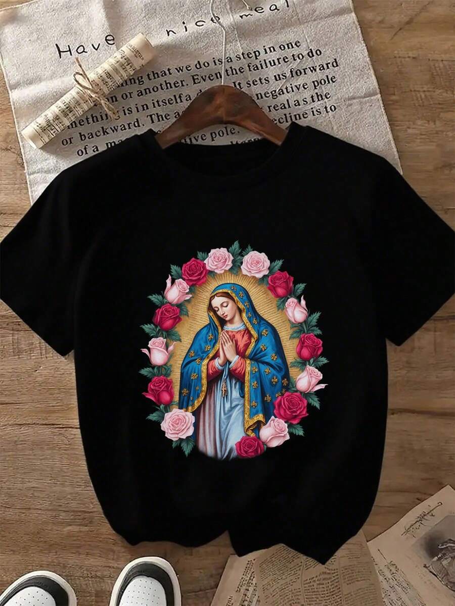 Camiseta de manga corta informal para mujer, con estampado de la Virgen María y rosas, unisex - 100% holgada, de manga corta y cuello redondo, ropa religiosa, decorada con la icónica imagen de la Virgen María - Ropa de fe para el día a día, top unisex adecuado para uso diario y regalos (lavable a máquina). - Negro - Ver 1