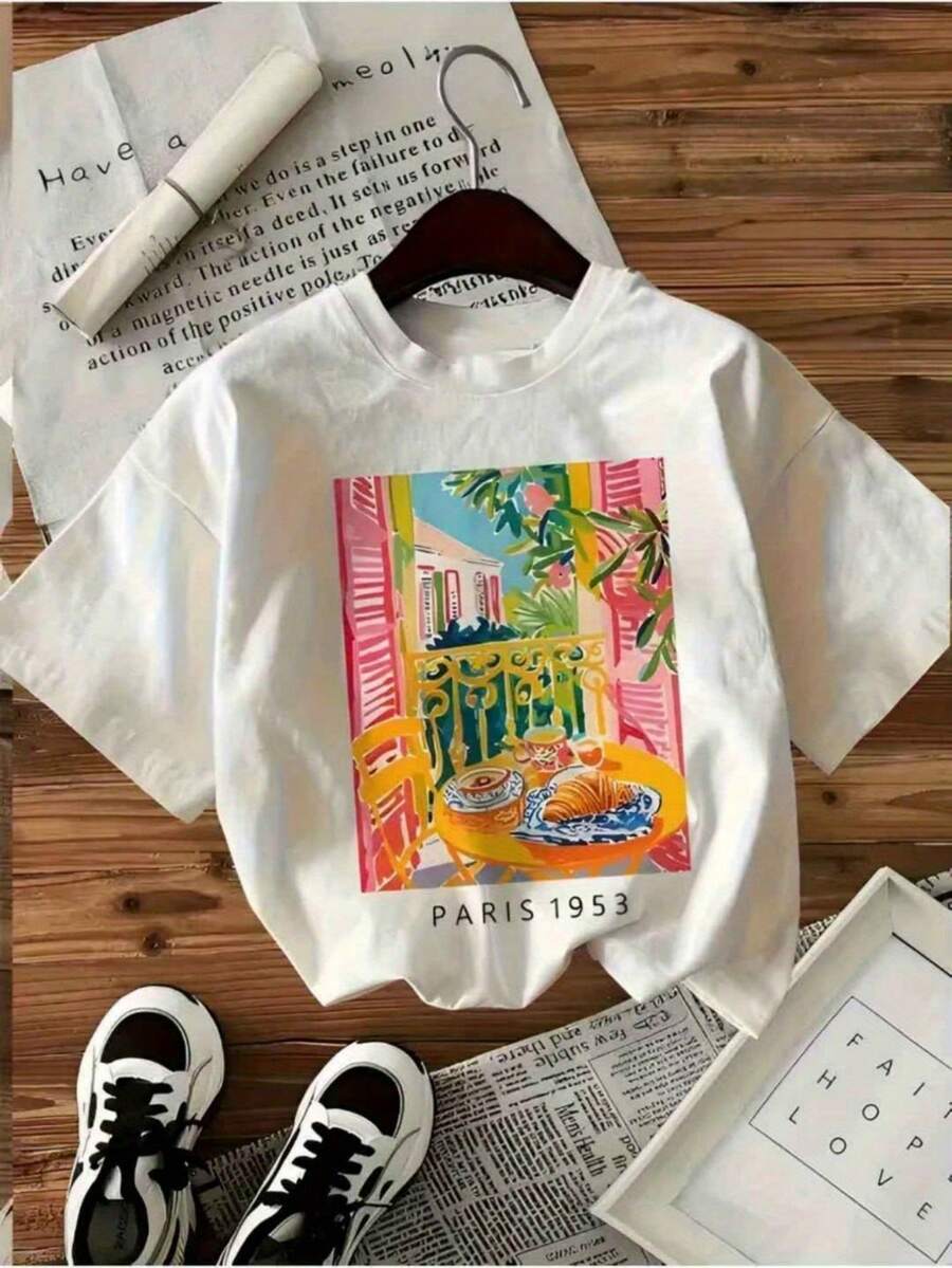 1 pieza de camiseta de mujer con estampado de letras animadas a la moda, cuello redondo, 100% algodón, diseño sencillo, cómoda y transpirable, adecuada para el uso diario informal, mostrando un estilo natural y elegante, imprescindible para fiestas de verano, disponible en tiendas comunitarias locales para entrega rápida, tela de algodón suave y agradable al tacto, con descuentos atractivos, adecuada para Pascua, Halloween, Acción de Gracias y otras ocasiones festivas. 180g 100% Algodón - Blanco - Ver 1