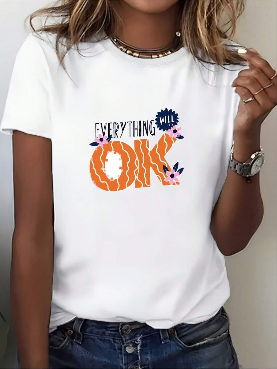 Camiseta con Estampado "Everything Will Be OK" de 180g, Cómoda y a la Moda, Regalo de Verano para Familia, Compañía y Amigos, Perfecta para Entrenamientos, Uso Casual y Excursiones en Equipo, Ideal para Vacaciones de Verano y Eventos, 100% Algodón. - Blanco - Ver 1