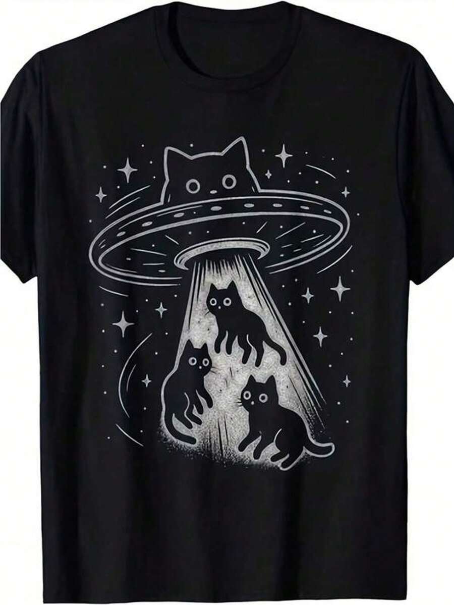 Una camiseta de mujer de manga corta, holgada, moderna, retro y elegante, adecuada para actividades al aire libre en primavera y verano, con estampados de un gato peculiar, platillo volador, gatito adorable, nave espacial y belleza alienígena, un top de verano para mujeres.blusas para mujer,blusas casuales para dama,tops,, mujer premium,y2k,playeras de mujer curvy,ofertas y liquidaciones ropa mujer,playeras deportivas para mujer,,playeras de hombre, mujer,blusas>elegante 8EUS - Negro - Ver 1