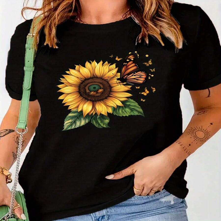 Women's Casual Cotton Round Neck Short Sleeve T-Shirt With Butterfly Sunflower Print For Fall, A Comfortable And Stylish Top With High Stretch Fabric Adapted For Women Clothes. - 黑色 - 查看 1