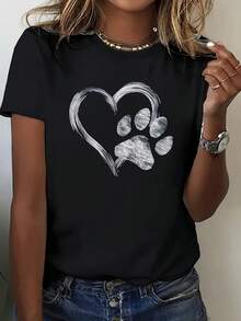 Camiseta de manga corta con cuello redondo para mujer, top casual para uso diario - Negro - Ver 1